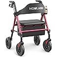 HOMLAND Walkers for Seniors with Seat, Foldable Rollator Walker, Reinforced Aluminum Frame, 8" Big Rubber Wheels for All Terrain, Height Adjustable Lightweight Rolling Walker