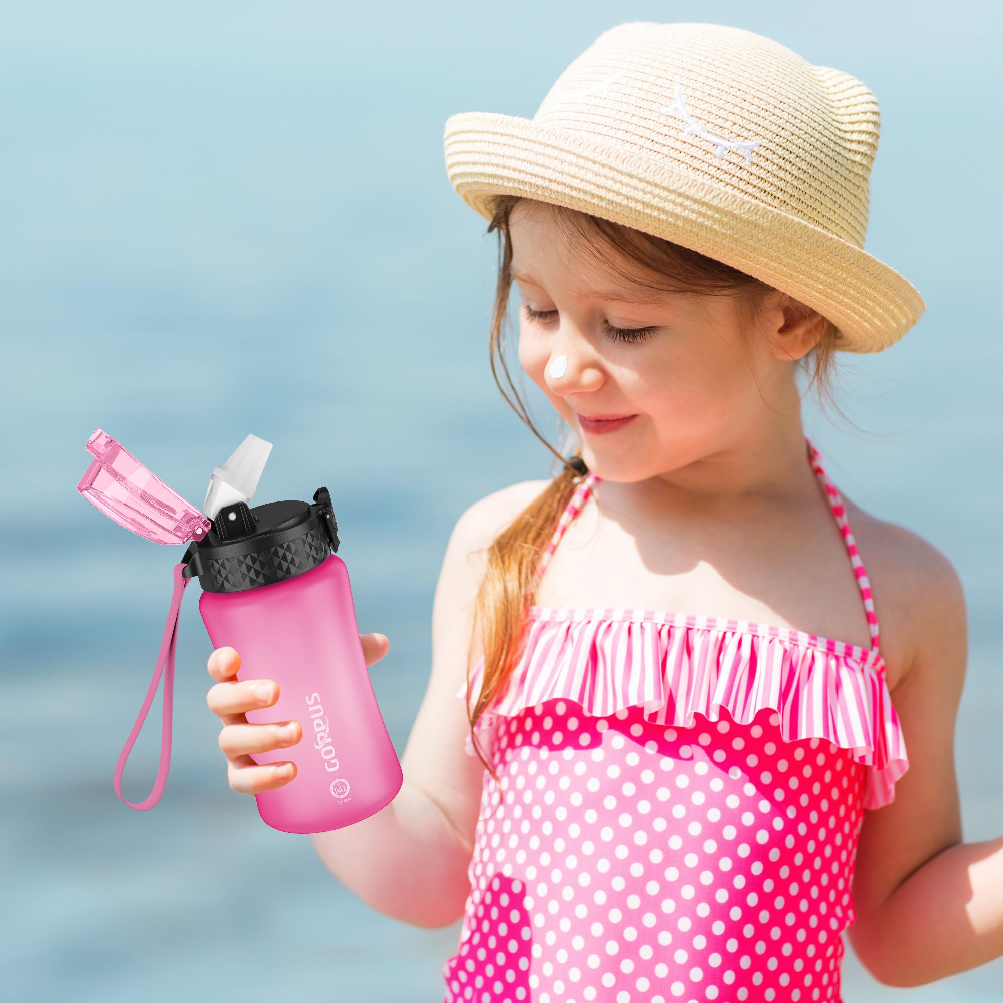 GOPPUS Kids Water Bottle with Straw Spout Lid 10pcs Stickers 12 oz Leak-proof BPA Free Motivational Time Marker Tritan Plastic Water Bottles for Girls Boys School Sports - view 6