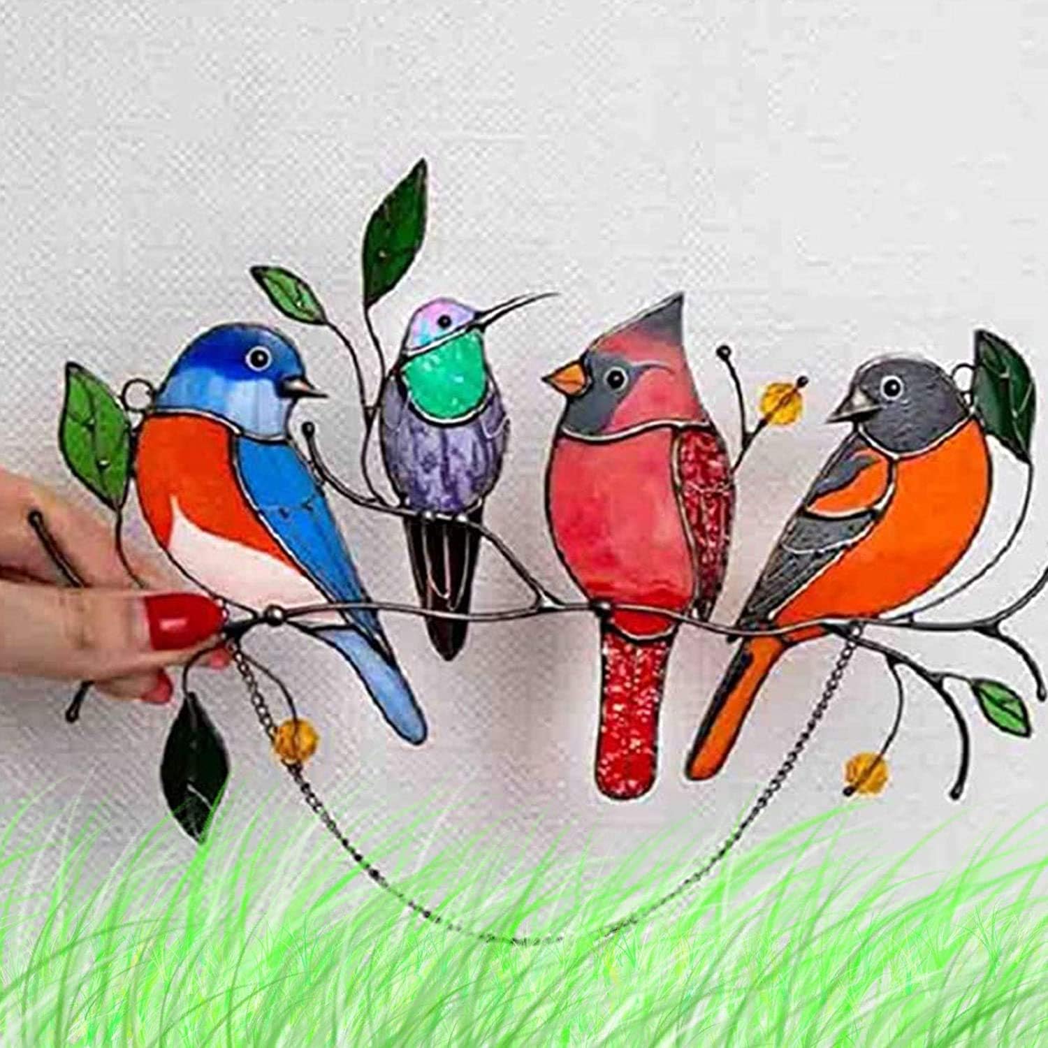 FTALGS Multicolor Birds on a Wire High Stained Glass Suncatcher Window Panel,Hanging for Home Decor,Living Room, Bathroom, Hanging Vintage Wall Sconce Windows Doors Home Decoration and Gifts (4 Birds)