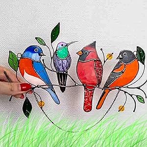 FTALGS Multicolor Birds on a Wire High Stained Glass Suncatcher Window Panel,Hanging for Home Decor,Living Room, Bathroom, Hanging Vintage Wall Sconce Windows Doors Home Decoration and Gifts (4 Birds)