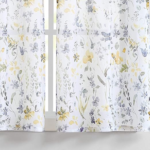 Amazon Com Fragrantex Yellow Flower Print Tier Curtains 45 Inch Length Multi Color Linen Texture Rustic Farmhouse Style Curtains Window Floral Curtains Tiers 28 W X 45 L 2 Panels Rod Pocket Home Kitchen