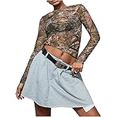 BEAUDRM Women's Y2k Camo Print Crew Neck Crop Top Mesh Sheer Long Sleeve Fitted Tee Shirts