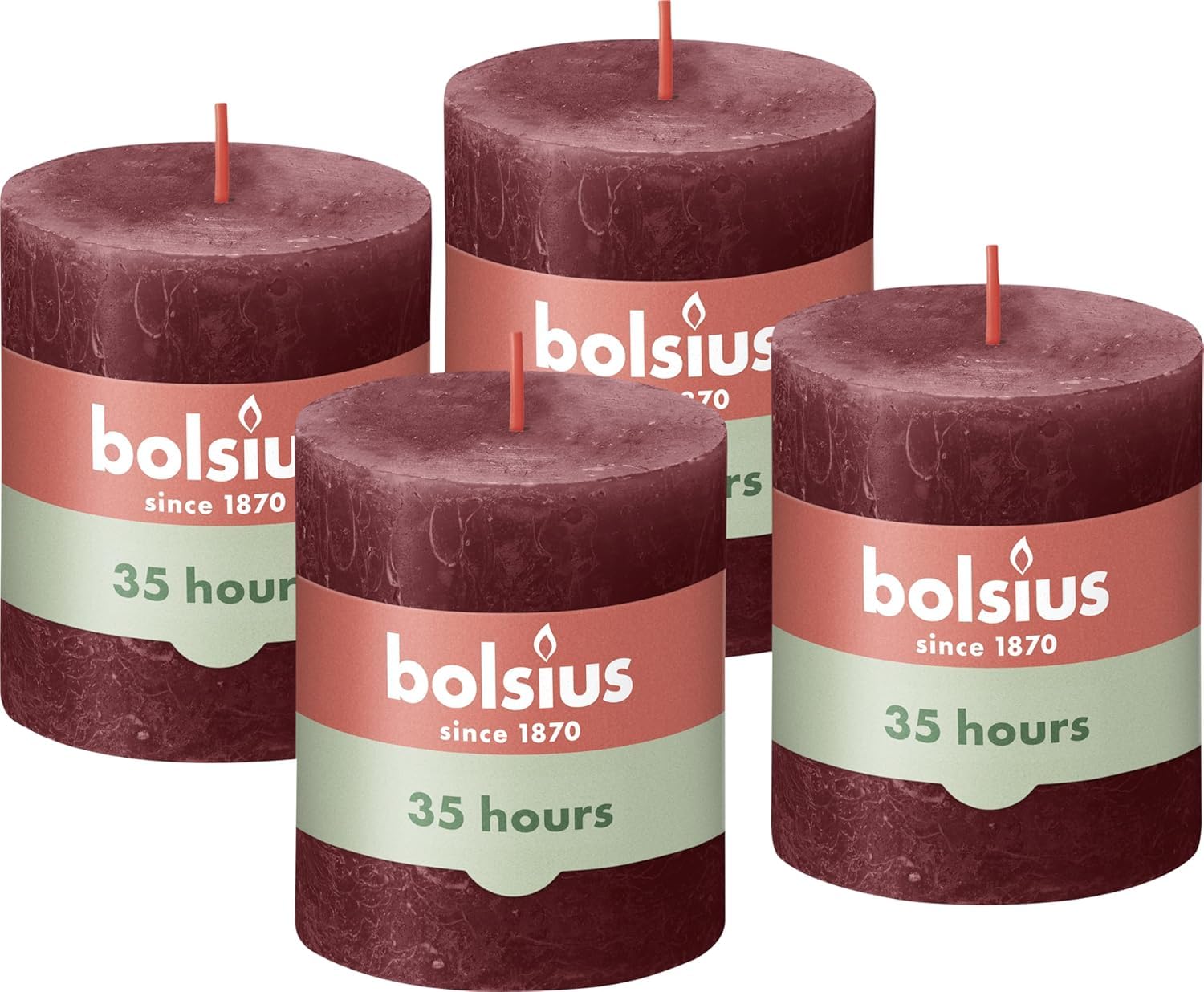 Bolsius Rustic Pillar Candle - Dark Red - Pack of 4 - Long Burning Time of 35 Hours - Household Candle - Interior Decoration - Unscented - Natural Vegan Wax - No Palm Oil - 8 x 7 cm