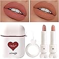 LAMUSELAND Nude Lipstick, 2Pc/Set Waterproof Long Lasting Moisturizing Lip Stain Earphone Dual-color Lip Gloss Primer, Non-stick Cup Lip Make Up Gift Kit for Girls (Nude - A)