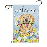 Louise Maelys Welcome Spring Garden Flag Golden Retriever Daisy Flower Double Sided 12x18 Inch Floral Seasonal Summer Small Burlap Holiday Yard Outdoor Flag Outside Home Decor (Only Flag)