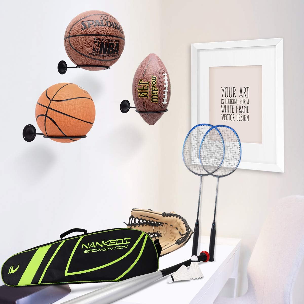 Suchek Metal Ball Holder Rack Wall Mounted, Display Wall Storage for Soccer, Basketball, Volleyball, Rugby, Football (2 Pieces, Black): Sports & Outdoors