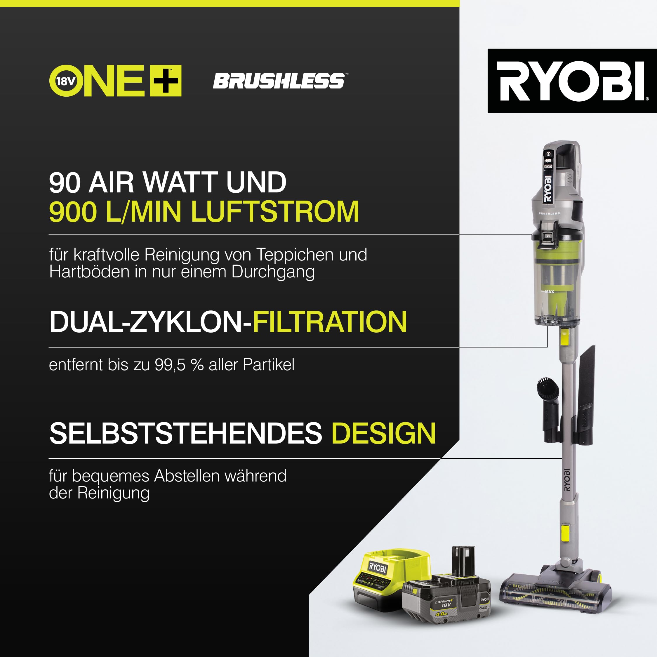 RYOBI 18 V ONE+ Brushless Akku-Staubsauger RSVS18BL-1C40G, 90 AW Saugleistung, bürstenloser Motor, Dual-Zyklon-Filtration, HEPA-Filter, LED-Düse, inkl. 4,0 Ah Akku und 2,0 A Ladegerät, Anthrazit 2