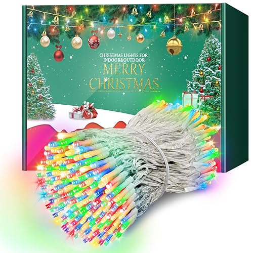 ARKOCHIC 35M Fairy Light Outdoor Christmas Lights, 300 LED Multicolor Christmas Tree Lights, IP65 Waterproof 8 Modes Memory Linkable Cluster Light Indoor Outside Decorations (No Remote)