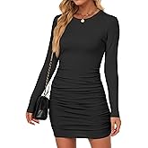 ZENUTA Long Sleeve Dress for Women, Sexy Mini Casual Ruched Bodycon Ribbed Slim Fit Scoop Neck Dress