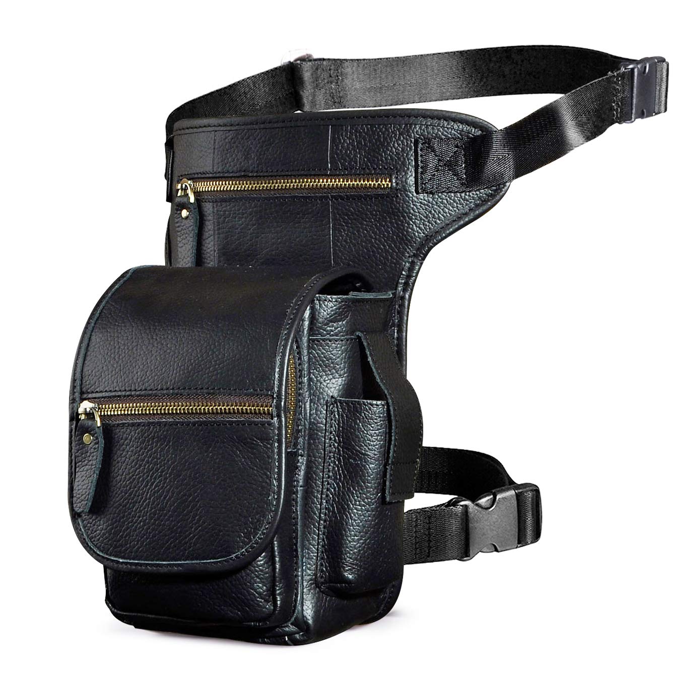 Le'aokuu Mens Genuine Leather Messenger Riding Hip Bum Waist Pack Drop Leg Cross Over Thigh Bag (3110 1 Black)