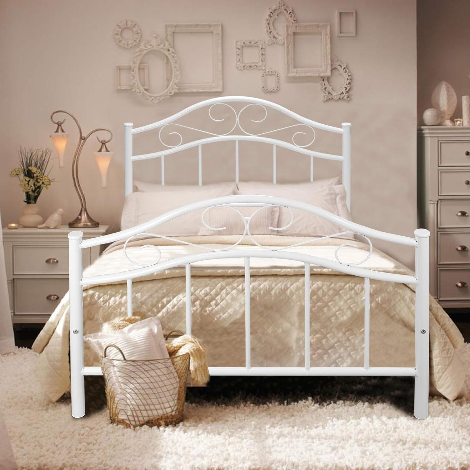 Kingpex Metal Bed Frame Twin Size With Headboard And Footboard Metal Platform Steel Slats Bed Mattress Foundation Box Spring Replacement 6 Legs For