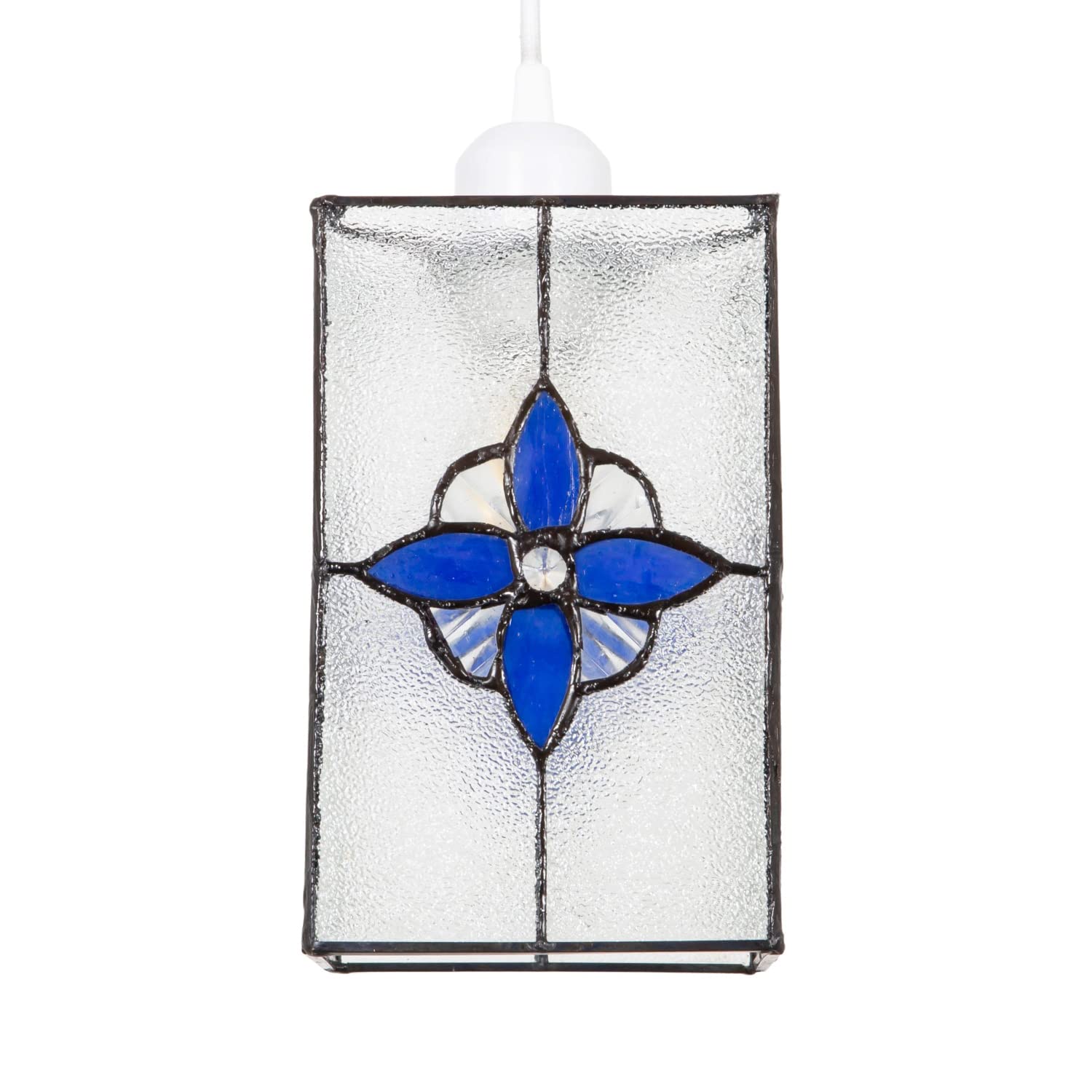 Traditional Clear Glass Tiffany Style Rectangular Pendant Light Shade with Royal Midnight Blue Panels | 21cm Height | 60w Maximum by Happy Homewares