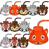 Hoolerry 12 Sets Forest Woodland Animal Party Favor Supplies Cups with Lids and Straws,10 oz Party Favor Cups for Gender Reveal Baby Shower Woodland Party and Birthday Party Supplies