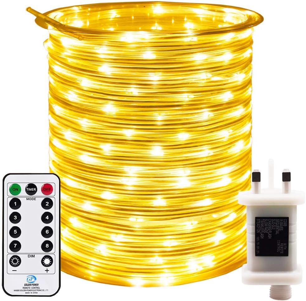 RcStarry 50M 500 LED Rope Lights, 8 Modes, Timer, Remtoe, Plug in Indoor Outdoor String Lights, Warm White