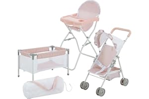Olivia's Little World Polka Dot Princess Baby Doll 3pc Nursery Set - Crib, High Chair & Stroller, Pink & Gray