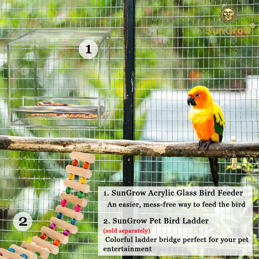 Acrylic Glass Bird Feeder Set -- Spill-proof, Crystal clear - Easy to install with 2 Hooks, Economical - Perch provides enjoyable eating time to Finch, Parakeet, Sparrows - Perfect for all Cage Sizes