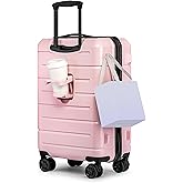 KYME Carry On Luggage 22x14x9 Airline Approved Hardshell Carry On Suitcases with Wheels Travel Rolling 20 Inch Luggage with Cup Holder for Women,Carry-on Pink