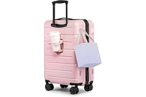 KYME Pink Hardside Carry On Luggage 22x14x9 Airline Approved with TSA Lock Hardshell Carry-On Suitcase with Wheels Travel Rolling 22 inch Luggage with Cup Holder for Women