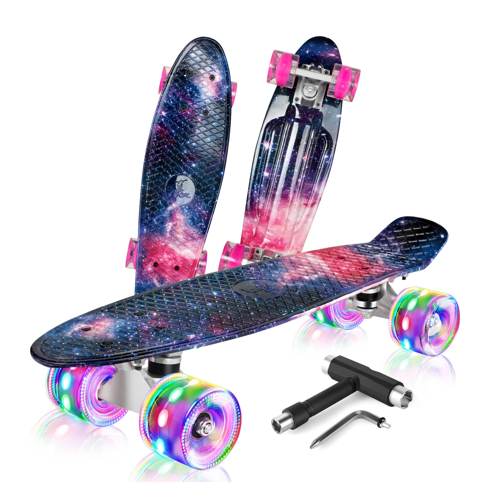 BELEEV 22 inch Skateboards for Kids, Cruiser Skateboard for Girls Boys Teens Adults Beginners, LED Light up Wheels, Mini Skateboards Classic Complete Skate Board with Skate T-Tool, Max Load 220 LBS — image 1