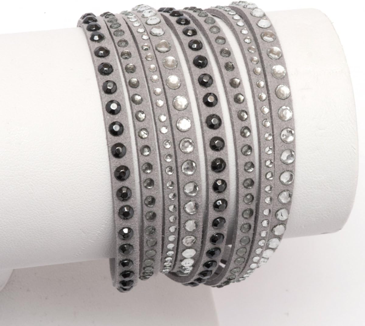 Barzel Leather Created Austrian Crystals Wrap Bracelets (Grey with Black & White Stones): Clothing