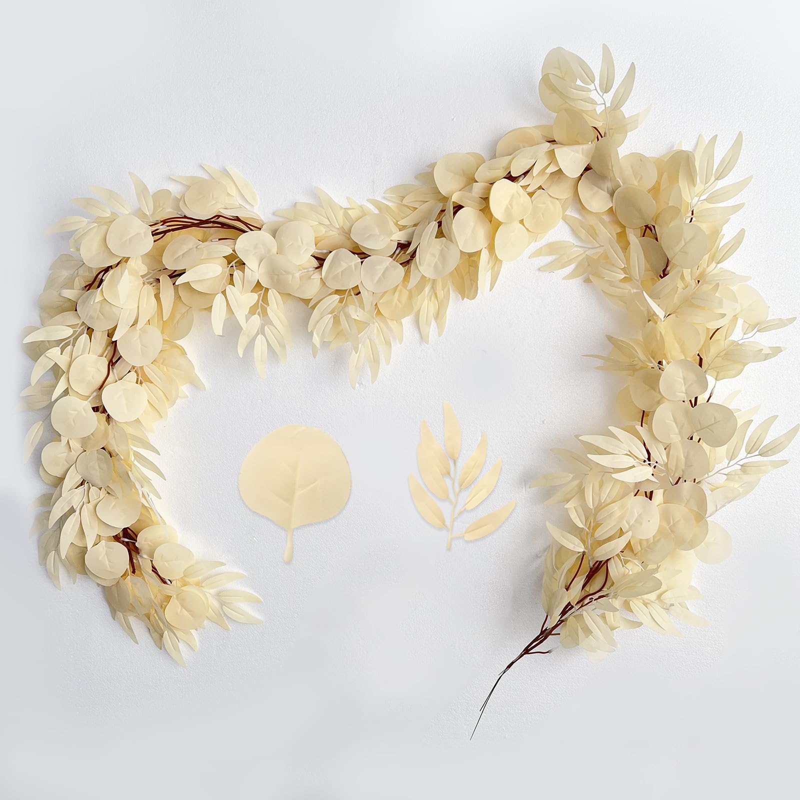Photo 1 of GREENTIME 2 Pack Artificial Eucalyptus Garland 6.5FT Champ Boho Spring Garland for Wedding DIY Table Runner with Warm Taupe Flowers Fireplace Fences Decor