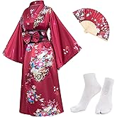 Japanese Anime Women's Kimono Robe Geisha Yukata Sweet Dress Blossom Satin Bathrobe Sleepwear Fans Tabi Socks Set