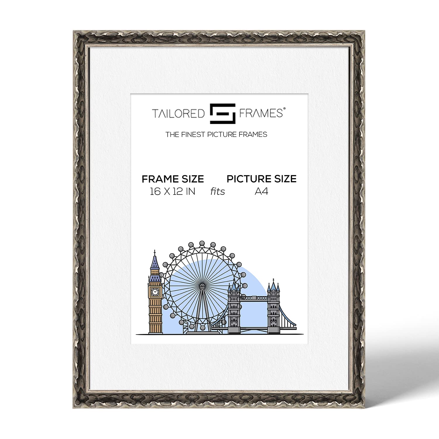 Tailored Frames Vienna Silver 16" X 12" Frame for A4 Picture | Rustic Style Vintage Single Picture Frame | Wall Hanging Type | Photo Frame with White Mount