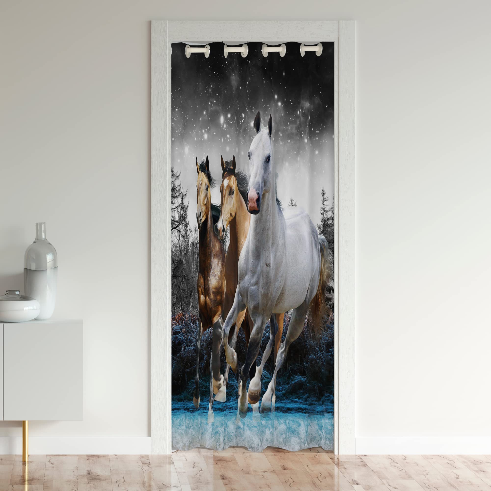 Loussiesd Galloping Horse Door Curtain for Doorway Privacy 106x203cm 1 Panel Cute Animal Decor Horse Glitter Closet Door Cover Curtain Forest Cowboy White 30%-50% Room Darkening Blackout Curtain