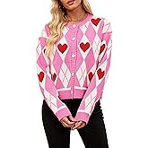 TYHOTULY Valentines Day Sweater for Women Argyle Love Heart Fall Winter Button Down Cropped Knit Preppy Cardigan Cute Clothes