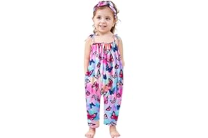 Lindanina Toddler Baby Girls Romper Sleeveless Jumpsuit Summer Clothes Adjustable Tie-Up Strap with Pocket Headband 1-5T