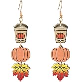 Thanksgiving Fall Earrings,Pumpkin Maple Leaves Coffee Cup Earrings,Triple-layered Double-sided Wooden Fall Dangle Earrings Halloween Jewelry for Women