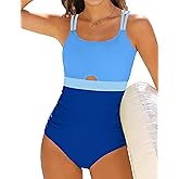 Qaoerde Girls Swimsuit One Piece Bathing Suit Color Block Waist Cutout Double Thin Shoulder Straps Swimwear 9-16Y