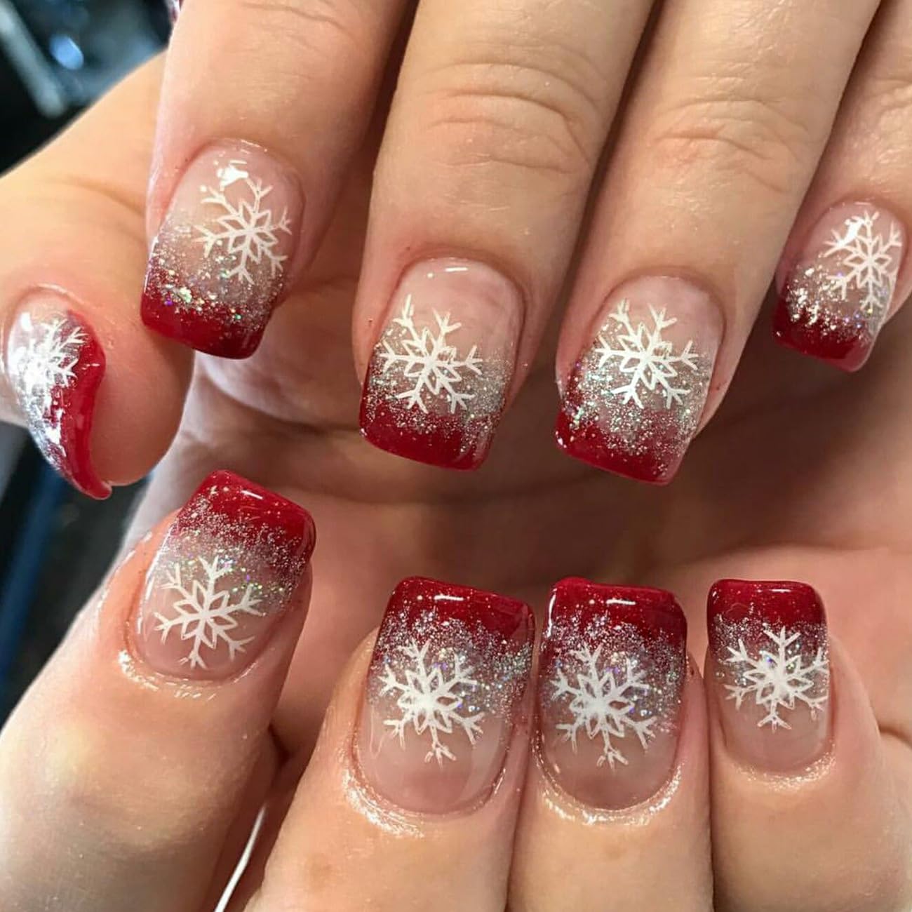 Christmas Press on Nails Short Square with French Glitter Design,Snowflake Fake Nails Red Glossy Sparkly Silver Xmas Nail White Snow Full Cover Glue on Nails False Nail Winter Stick on Nails for Women