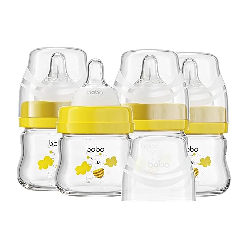 YOHKOH Glass Baby Bottles with Slow Flow Nipple, Newborn Anti-Colic Baby Bottles for 0+ Months, Wide Neck Feeding Bottle, Clear (Yellow, 2.7oz (Pack of 4))
