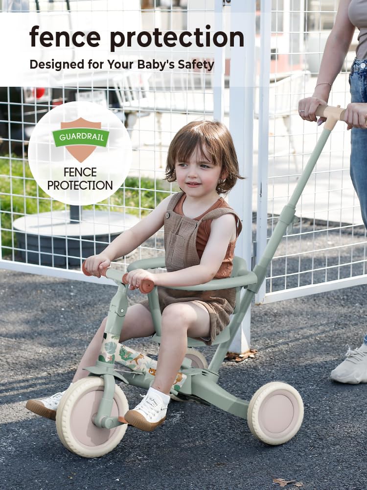 newyoo Lume TR008 Tricycle for Toddlers 1-3, 5-in-1 Push Bike with Parent Handle & Safety Guard, Convertible Balance Bike, Ideal Gift for 1-3 Year Olds, Moss