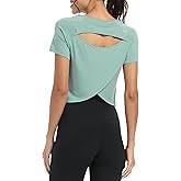 Bestisun Women Short Sleeve Cross Back Workout Crop Tops Backless Yoga Athletic Gym Shirts