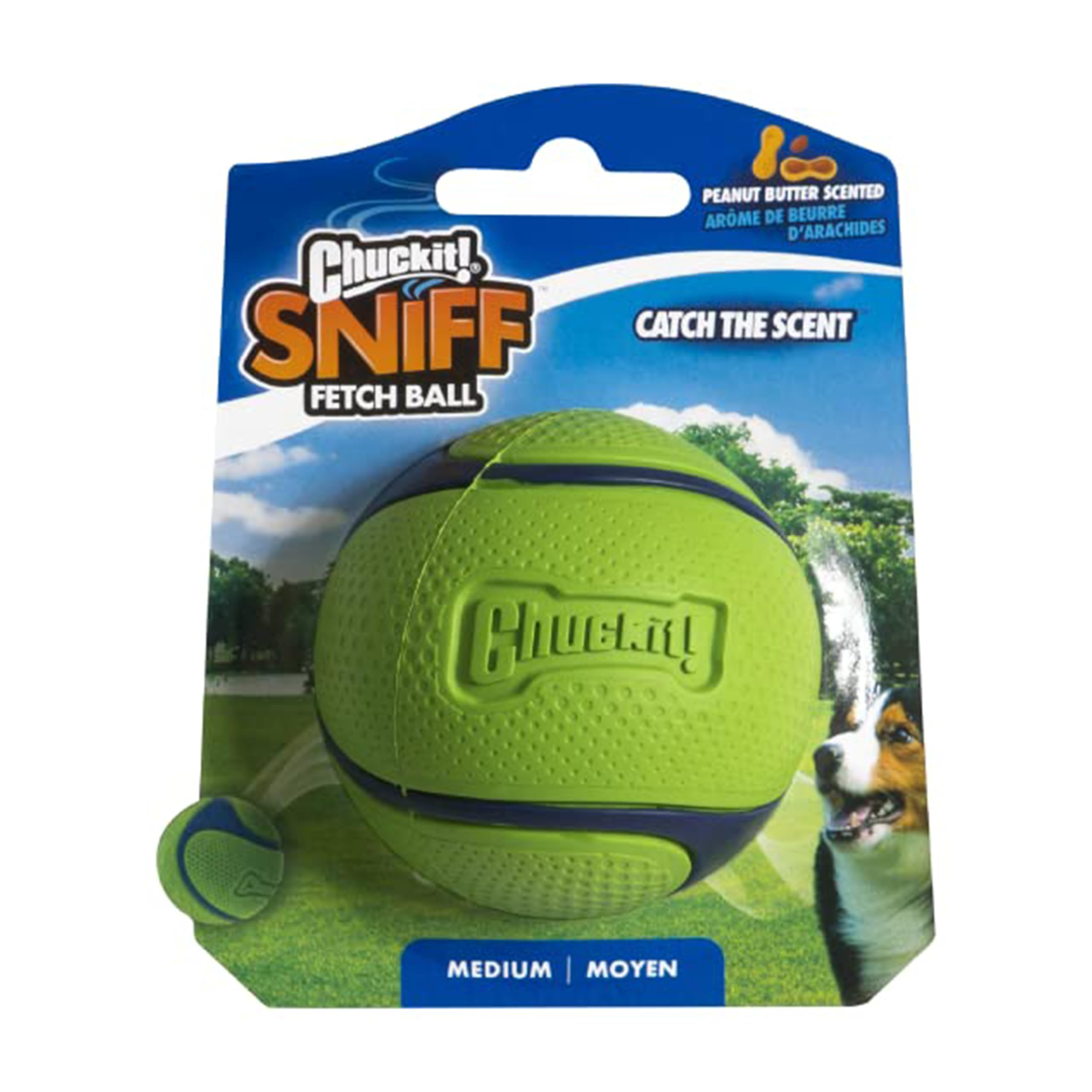 Chuckit! Sniff – Peanut Butter Scented Dog Fetch Ball, Durable Rubber Interactive Toy, Compatible with Launcher, Medium (Pack of 1)