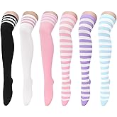 Zando Women's 6-Pack Cotton Thigh High Over Knee Socks - Striped Boot Socks & Leg Warmers for Daily, Sports, Cosplay