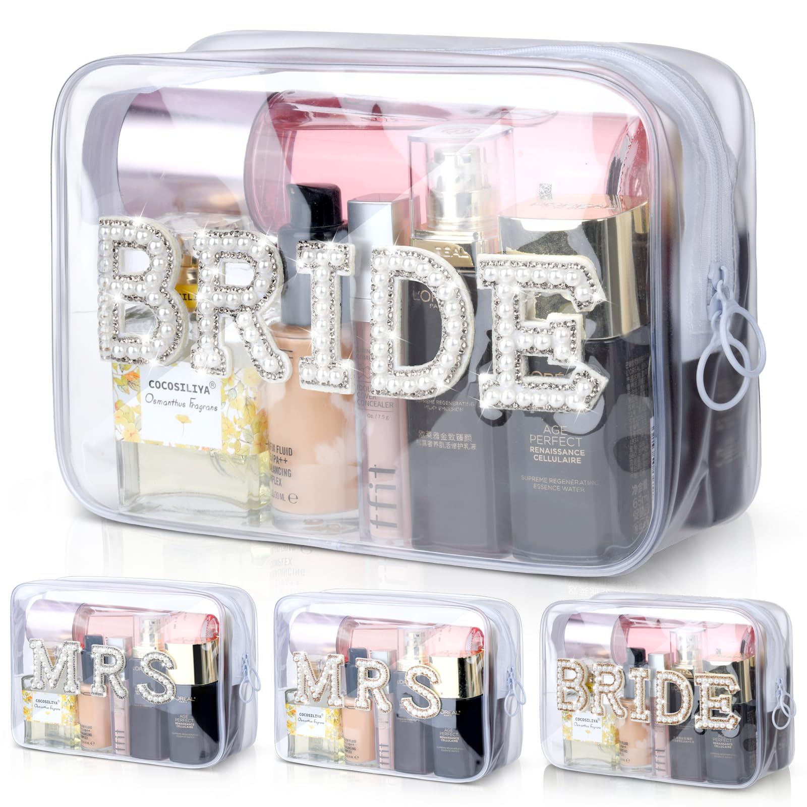 Etercycle Bride Clear Cosmetic Bag, Portable PVC Travel Toiletry Bag Bling Pearl Rhinestone Patch Letter Bags for Women Wedding Bachelorette Party (Silver)