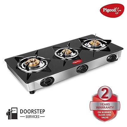 Pigeon by Stovekraft Favourite Glass Top 3 Burner Gas Stove, Manual Ignition, black