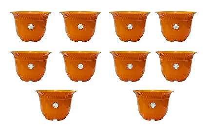 Asian Aura 10 Inch Virgin Plastic Flora Pot Plastic Garden Plant Container Set (Orange, Pack of 10)