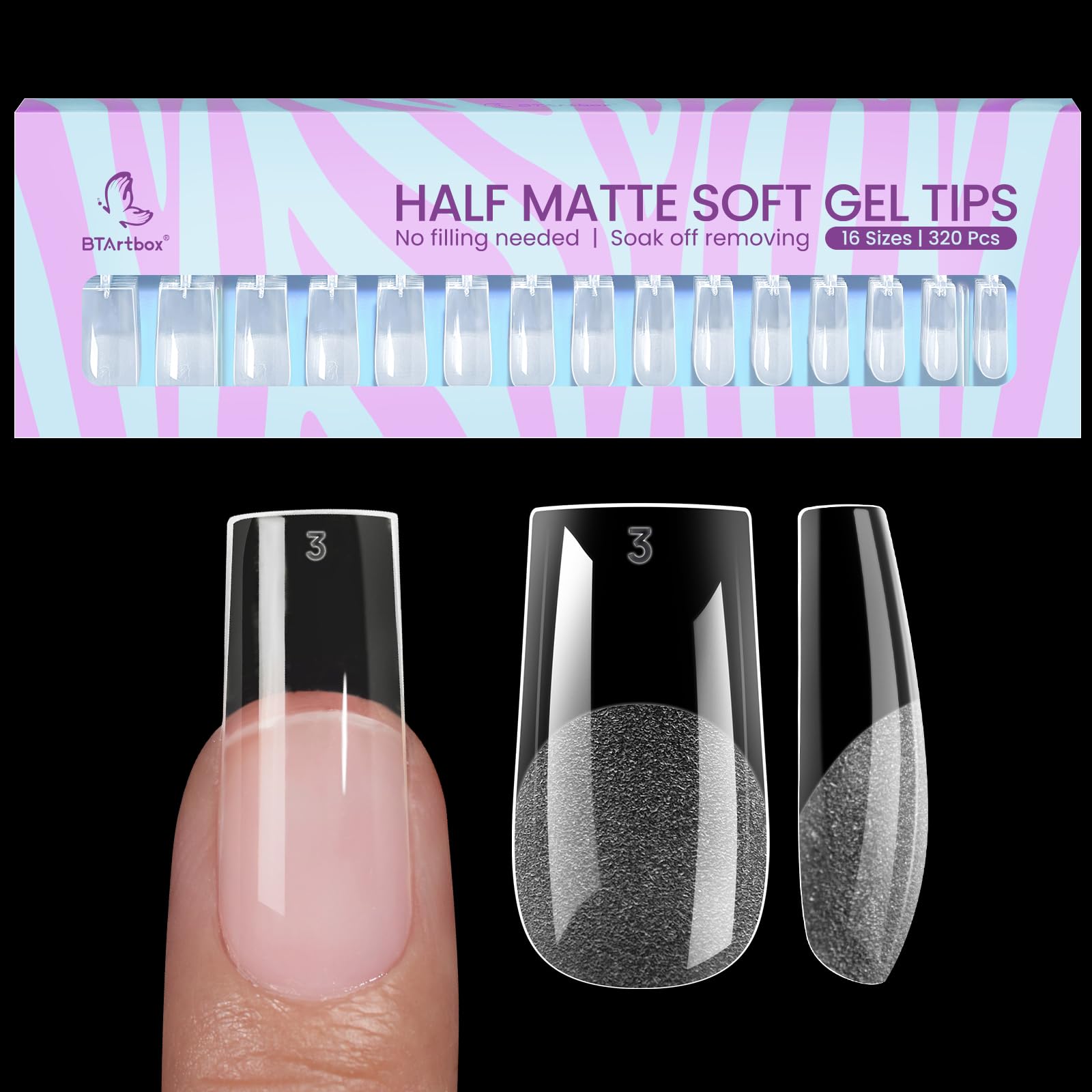 Photo 1 of BTArtbox Square Gel Nail Tips - 320pcs Press on Nails Medium, Pre-shape Half Matte Clear False Tips, Full Cover Acrylic Fake Nails For Nail Extension, Home DIY Nail Salon 16 Sizes
