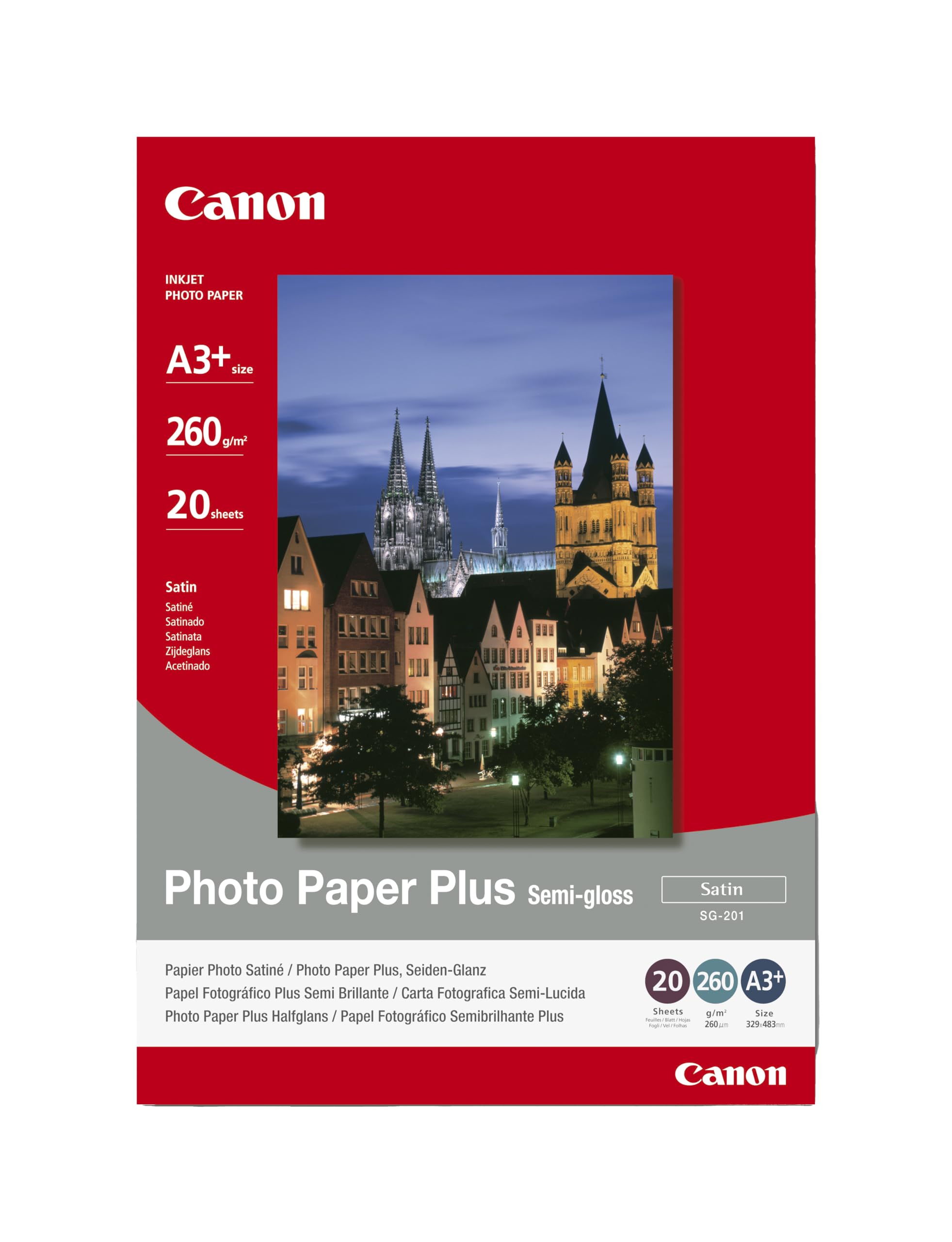 Canon SG-201 Semi-Gloss Photo Paper Plus A3+ (20 Sheets) - Satin Finish Paper, Instant-Dry Photos, 260 GSM - Compatible with Canon Inkjet Printers