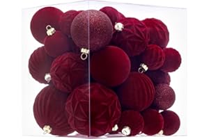 Velvet Christmas Ball Ornaments Burgundy Xmas Tree Decorations 36pcs Shatterproof Christmas Ornaments Set with 5 Styles in 3 