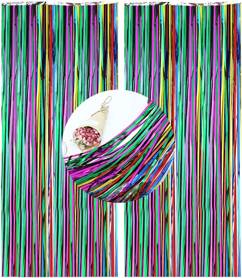 SZMAITOU 2 Packs Metallic Door Window Curtain Foil Fringe Backdrop Curtain 3ft x 8ft Tinsel Party Birthday Wedding Prom Decoration Curtain Party Decor - Multicolor