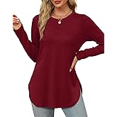 XIEERDUO Womens Long Sleeve Round Neck Shirts Side Split Basic Loose Tunic Tops Casual 2025