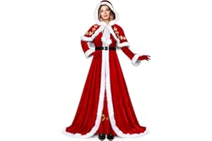 AOTHSO 4 Pieces Mrs Claus Costume for Women, Velvet Christmas Santa Costume Dress Hooded Cloak Cape Gloves Belt