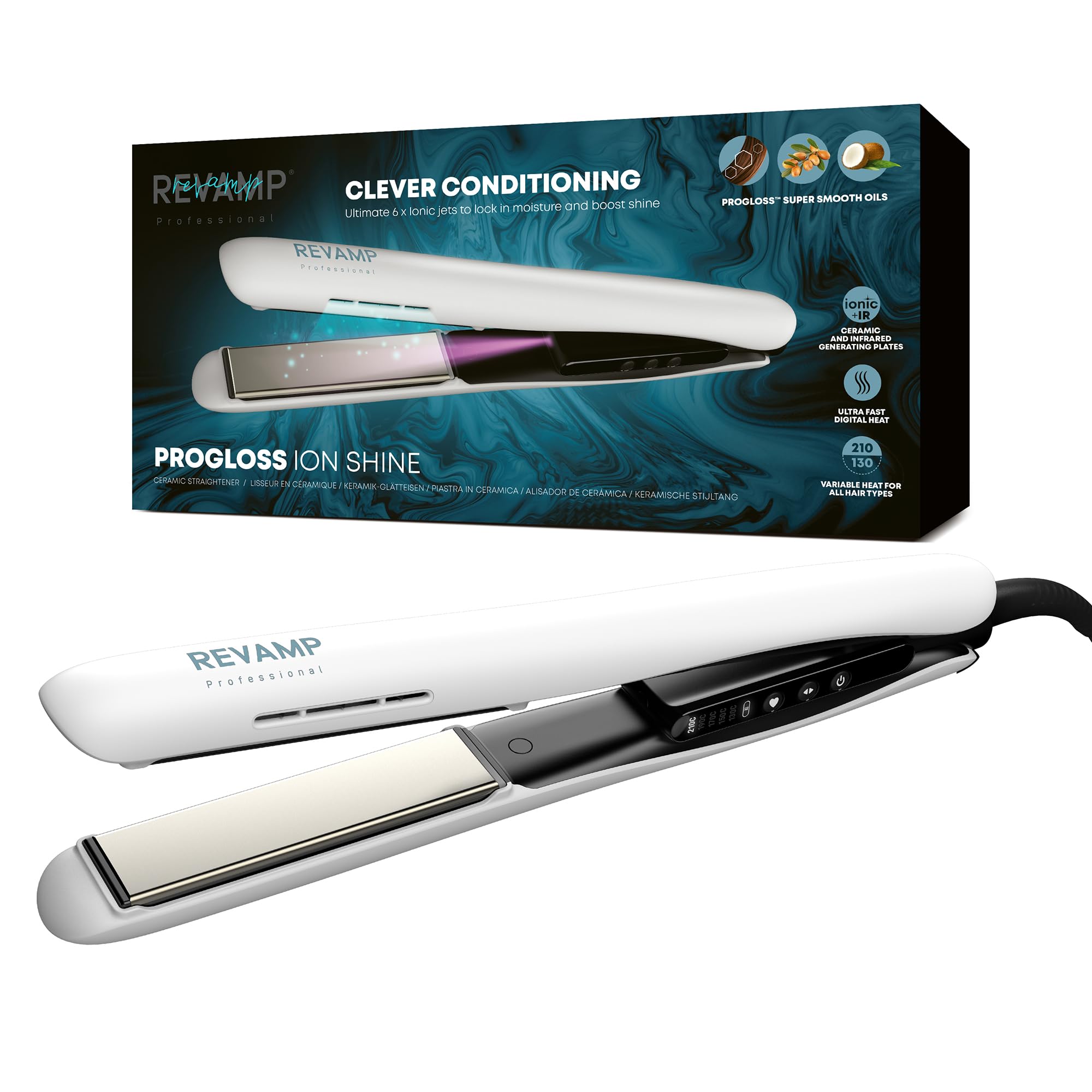 REVAMP Ion Shine Ceramic Hair Straighteners, Infrared and Ionic Technology for Sleek Frizz Free Results, Infused with Smooth Keratin, Argan and Coconut Oils, Variable Heat, for All Hair Types, White