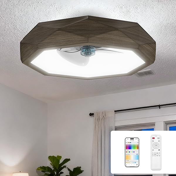 22″ LED CEILING FAN WITH LIGHTS AND REMOTE, RGB CEILING FAN WITH SMART APP/REMOTE CONTROL, BEDROOM FLUSH MOUNT CEILING FANS, WALNUT WOOD GRAIN BLADELESS CEILING FANS