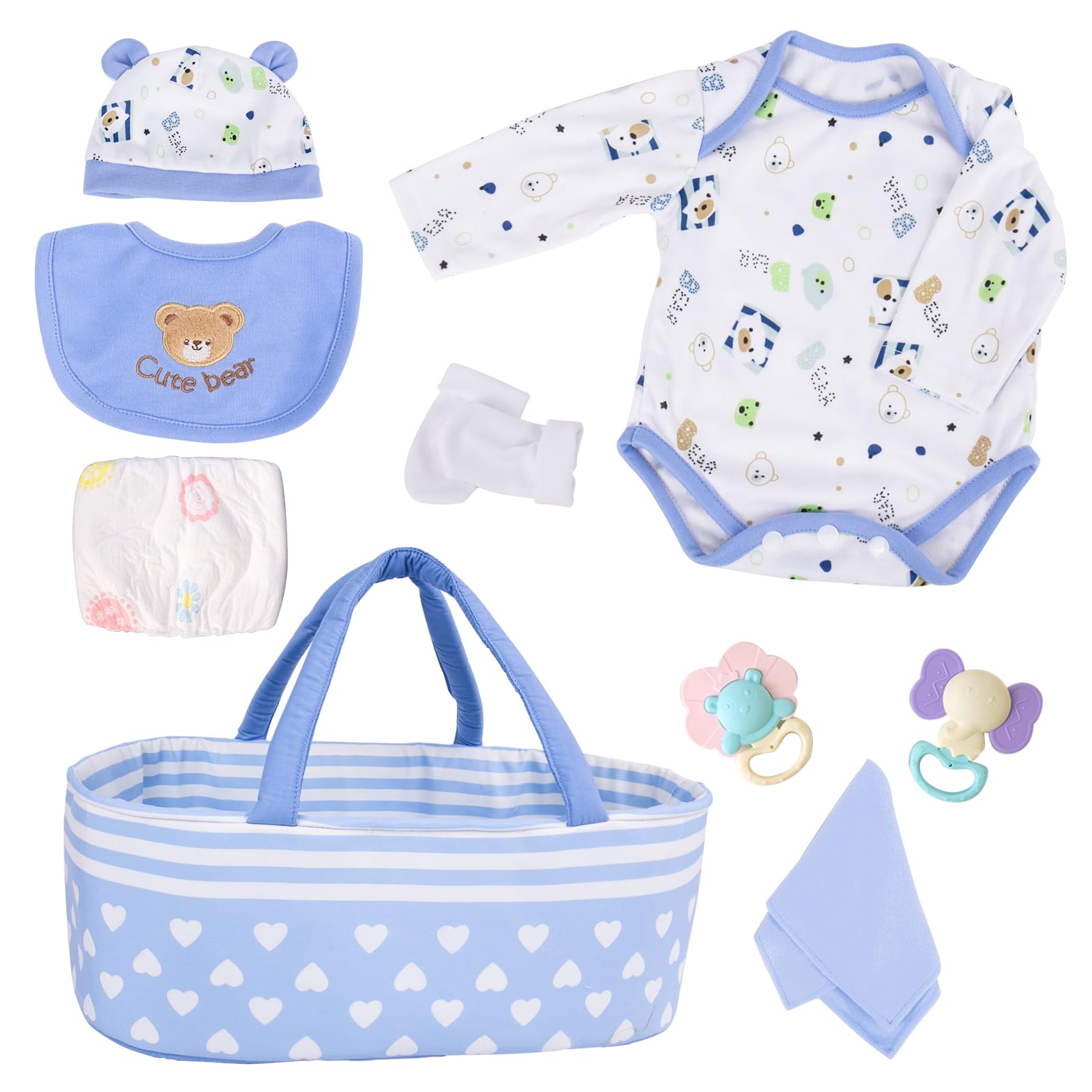 Photo 1 of Aori 9 Pcs Reborn Baby Dolls Outfit Set with Bassinet Accessories for 17-22 Inch Baby Doll, Blue Carrier Bed and Baby Doll Clothes fit Newborn Baby Dolls